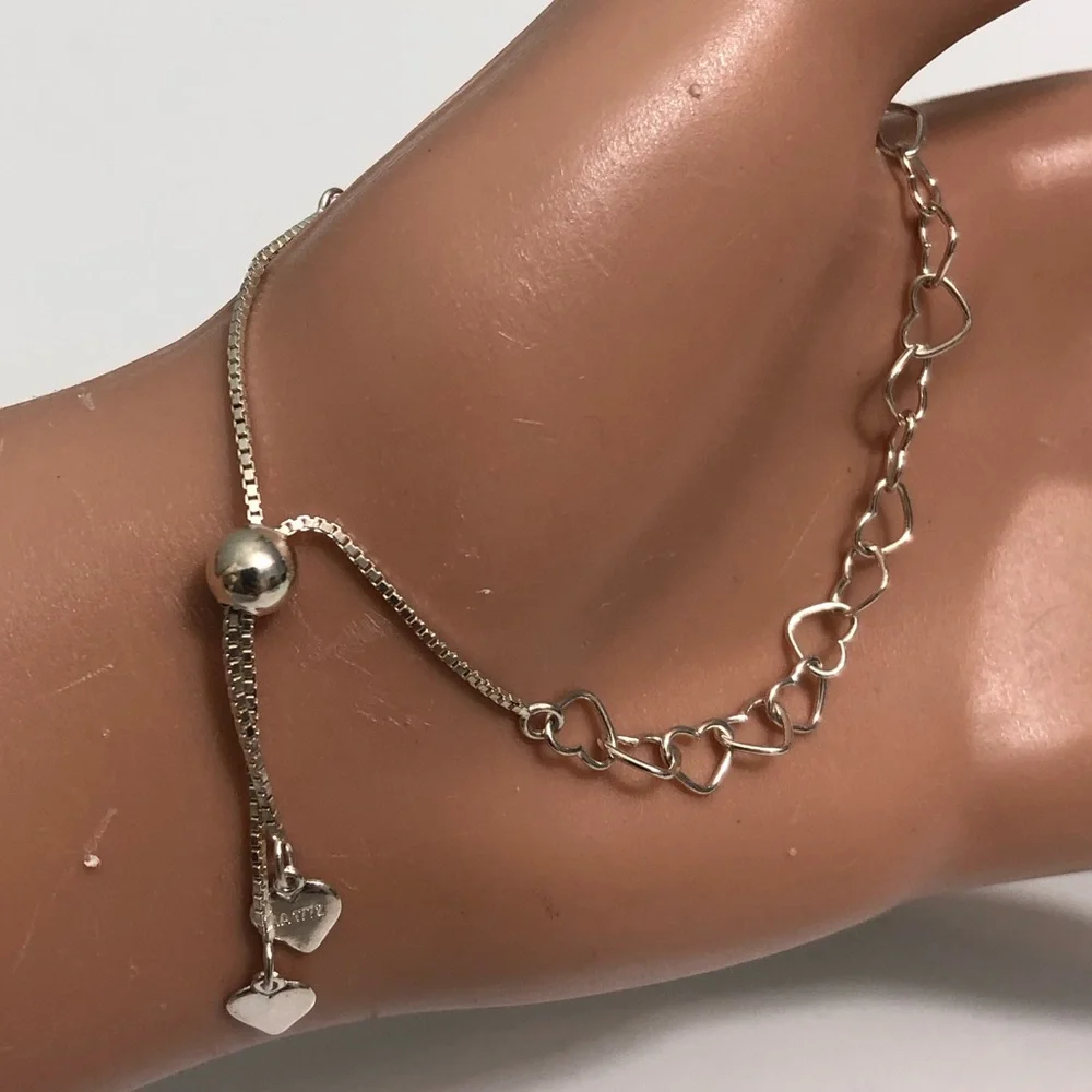 By KA 1772 Sterling Silver Open Hearts  Chain Adjust. Bolo Slide 925 Bracelet - Picture 2 of 9